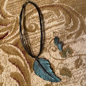 Teal feather necklace and earrings